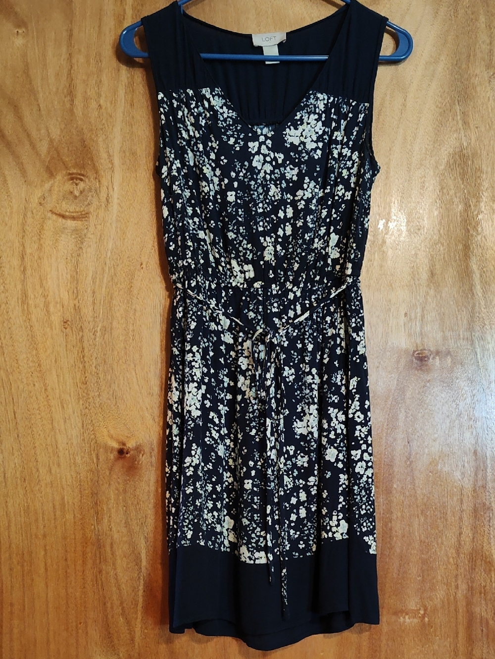 Ann Taylor LOFT Factory Sleeveless Dress Navy Green Ditsy Floral Tie Waist XS